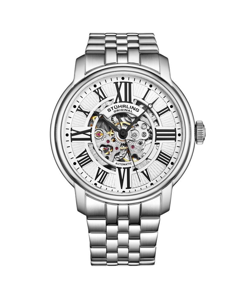 Atrium 4031 Men s Automatic Skeleton Watch – 42mm, Silver-Tone Case & Bracelet, Blue Skeleton Dial with Silver Accents