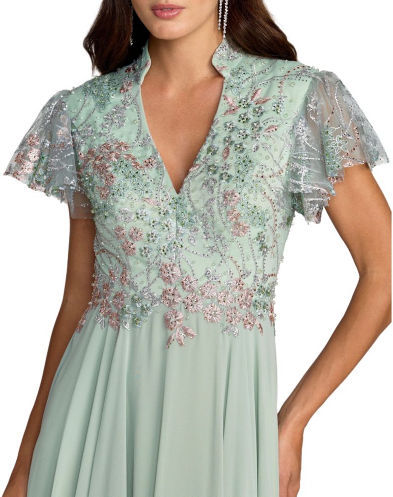Women's Embroidered Top Chiffon Skirt Ruffle Sleeve Gown