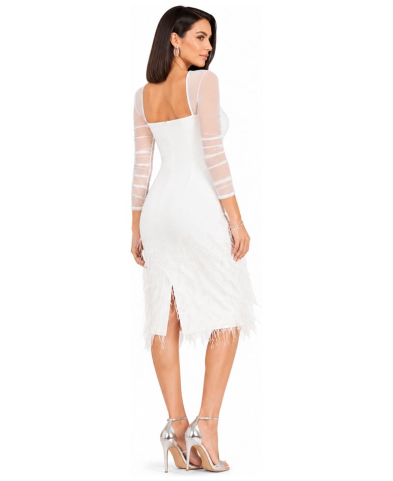 Women's Long Sleeve Bridal Midi Gown with Feathers