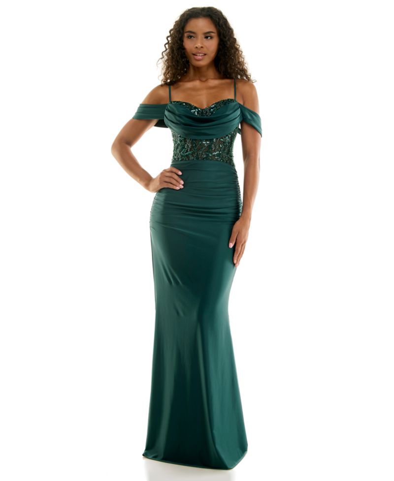 Juniors' Off-the-Shoulder Beaded Lace-up Back Gown