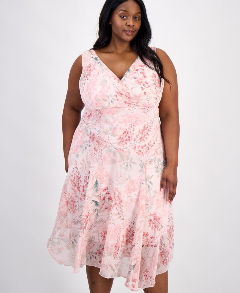 Plus Size Floral Chiffon Handkerchief-Hem Dress