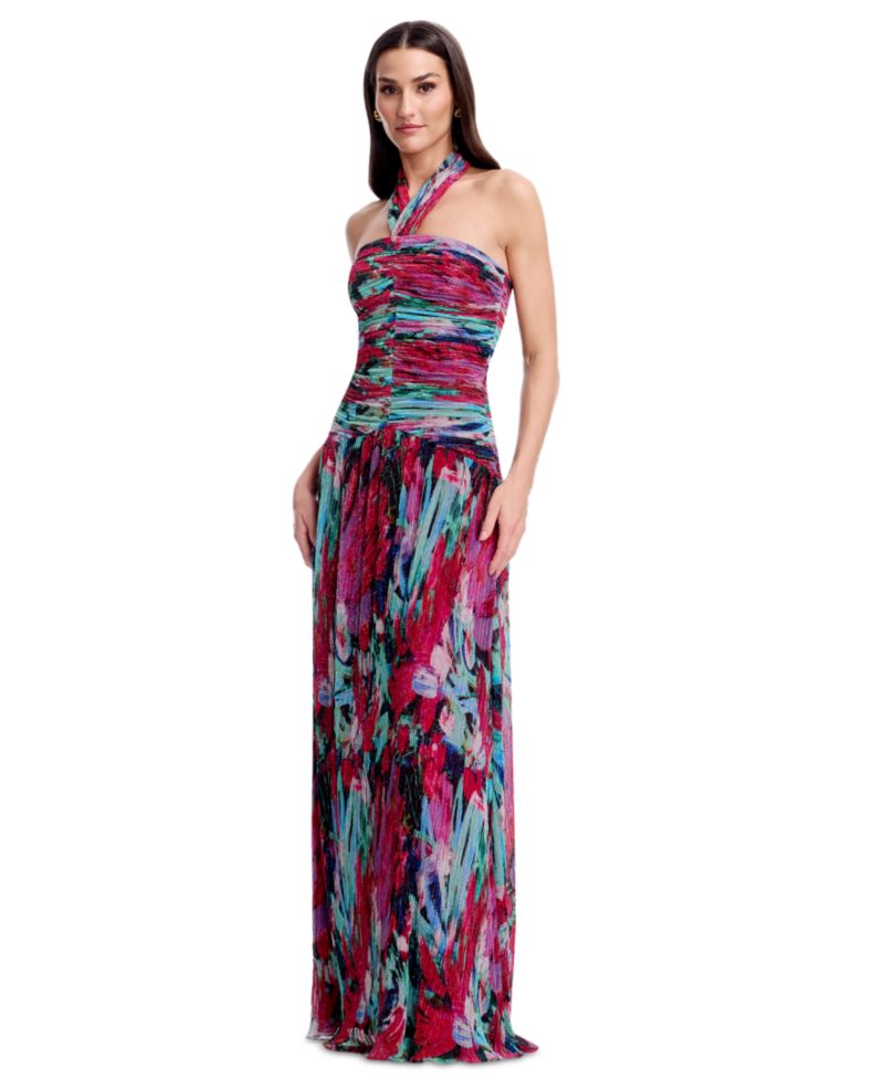 Women's Printed Halter Neck Ruched Drop Waist Gown