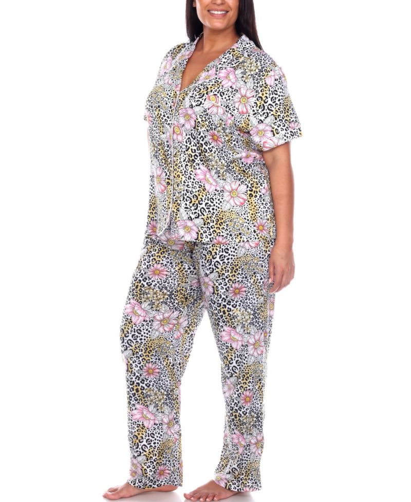 Plus Size Short Sleeve Pants Tropical Pajama Set, 2-Piece