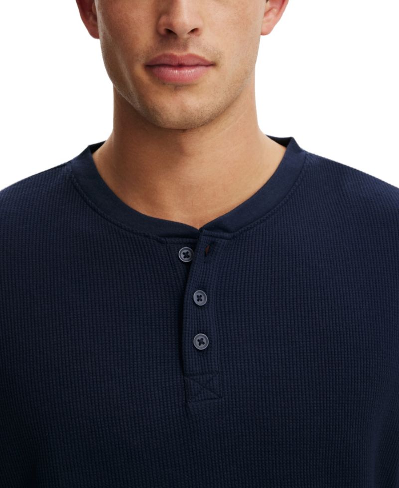 Men's Waffle-Knit Long-Sleeve Relaxed-Fit Cotton-Blend Henley