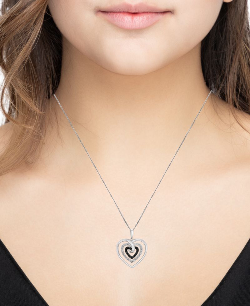 Black Diamond (1/10 ct. t.w.) & White Diamond (1/20 ct. t.w.) Open Heart 18" Pendant Necklace in Sterling Silver