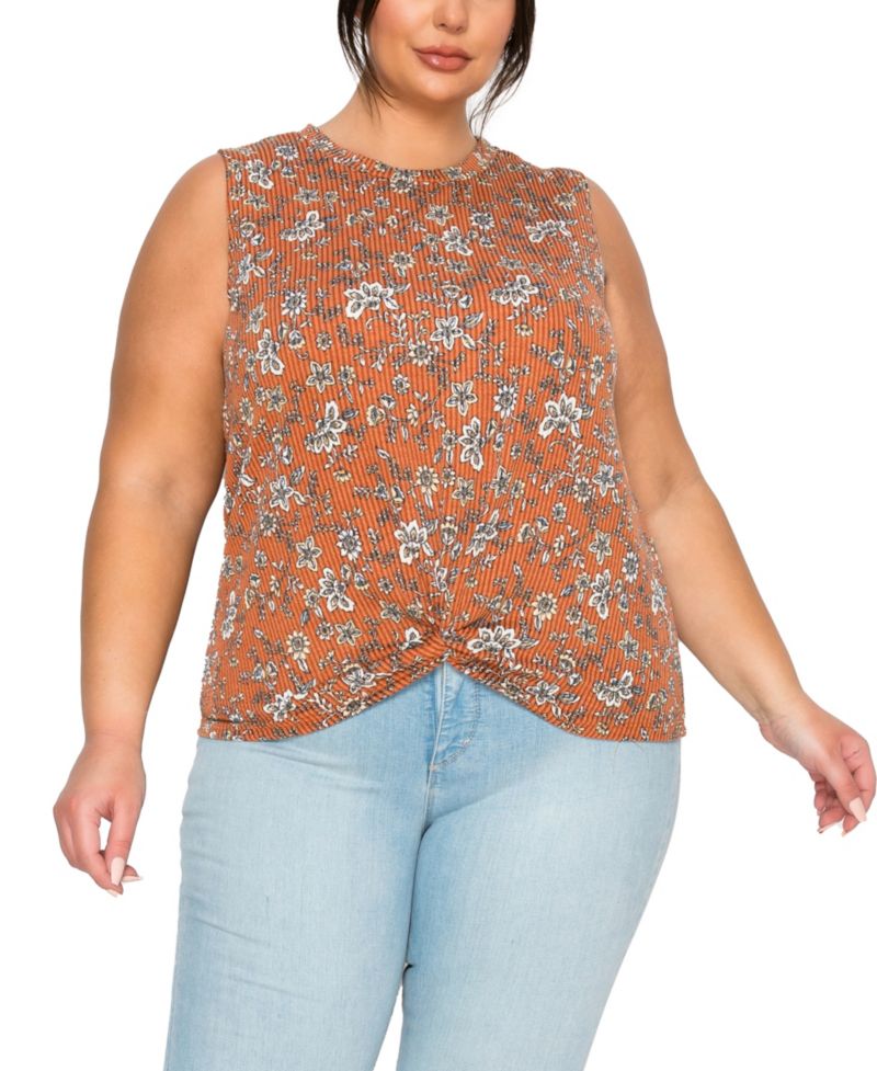 Plus Size Boho Floral Rib Twist Tank
