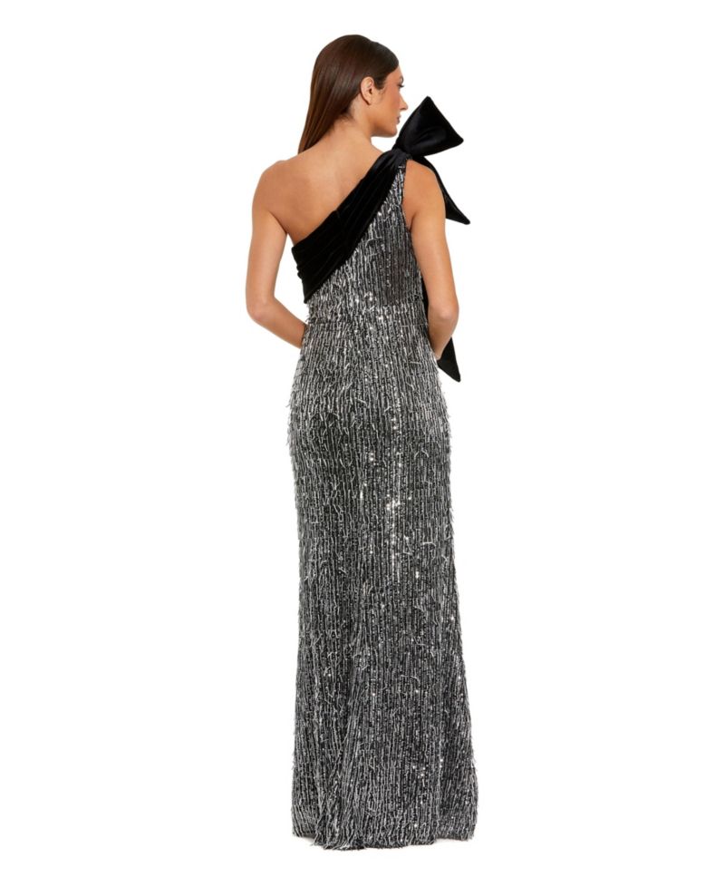 Women's One-Shoulder Sequin Velvet Bow Gown