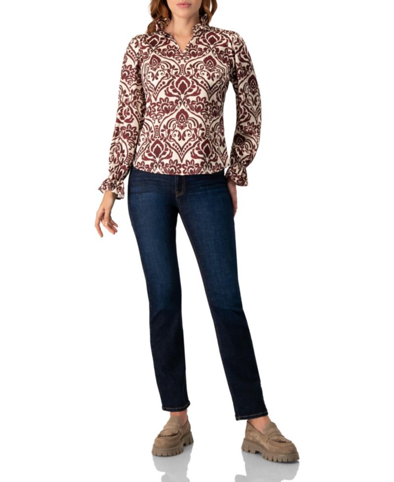 Women's Ruffled V-Neck Abstract Blouse Top