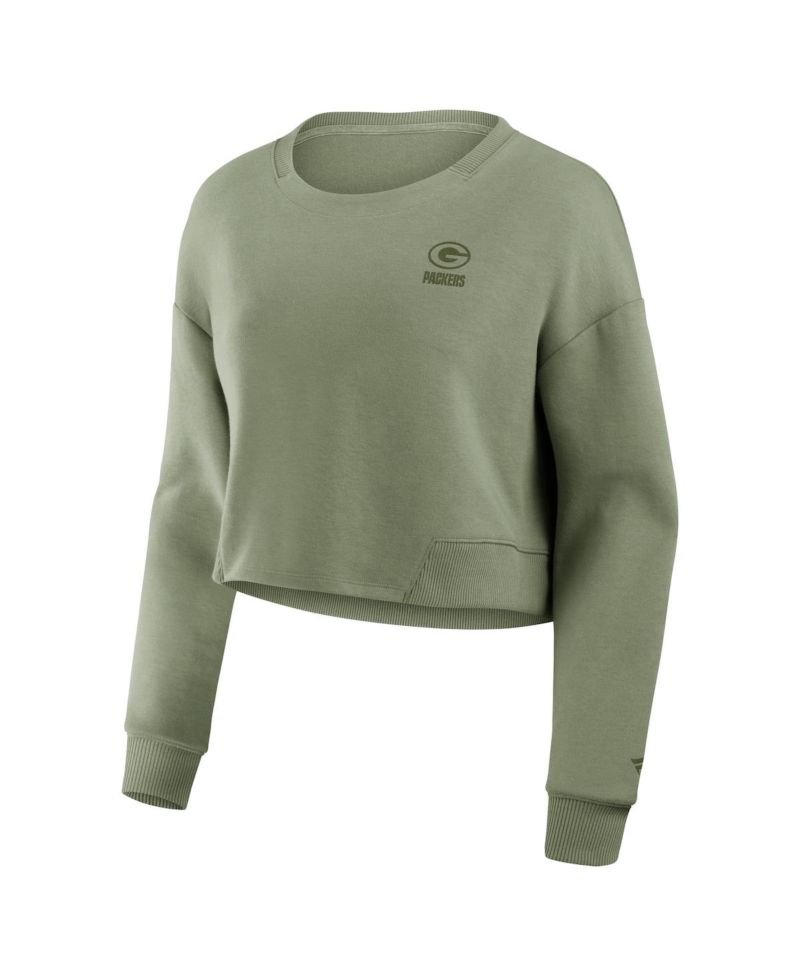 Women's Olive Green Bay Packers Studio Tri-Blend Cropped Pullover Sweatshirt