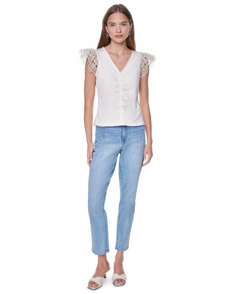 Women's V-Neck Lace Trim Gathered Top