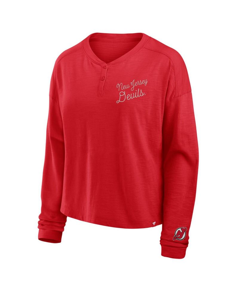 Women's Red New Jersey Devils Oversized All Out Effort Long Sleeve Henley T-Shirt