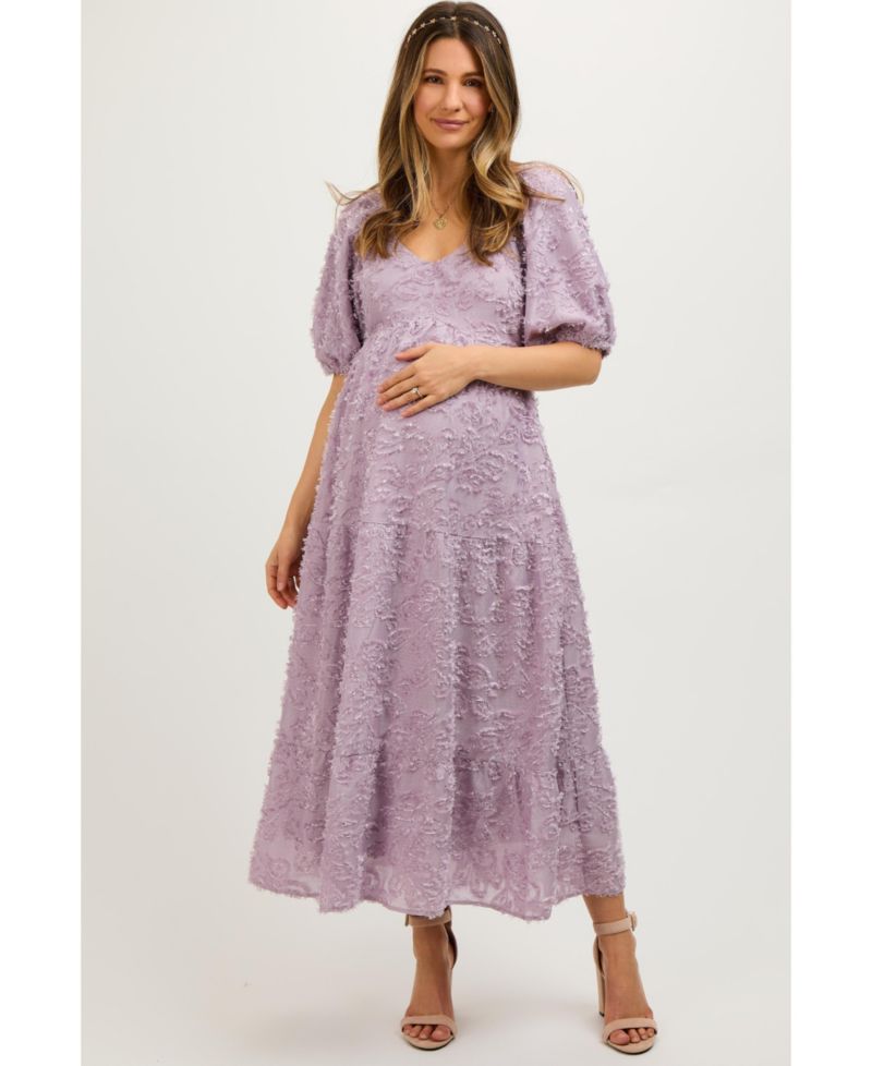 Women's Lavender Fringe Textured Short Puff Sleeve Midi Dress