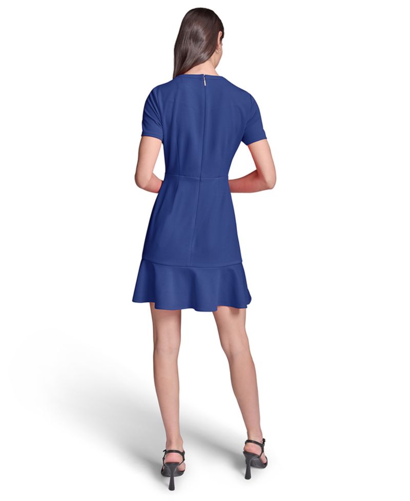 Women's Short-Sleeve Scuba Crepe with Flounce Hem and Button Dress