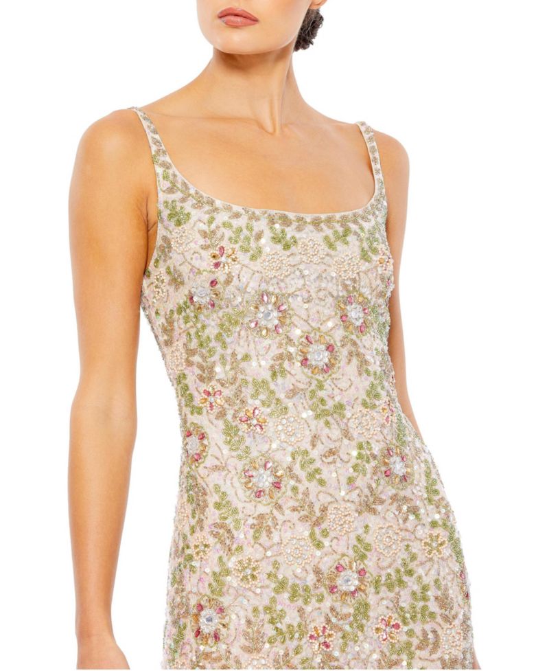 Women's Sleeveless Hand Beaded Floral Midi Dress