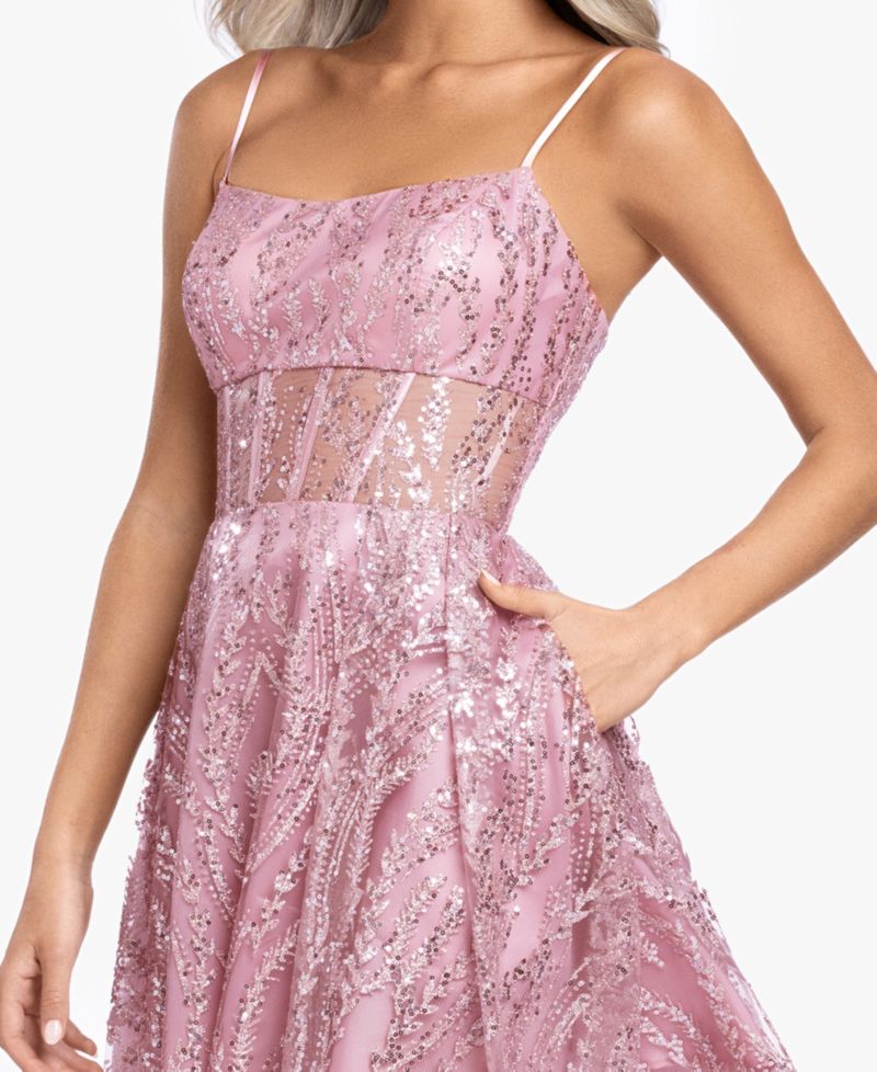 Juniors' Square Neck Fit-And-Flare Glitter Mini Dress