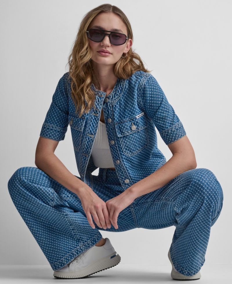 Women's Cropped Patch Pocket Short-Sleeve Boucle Denim Shirt Jacket