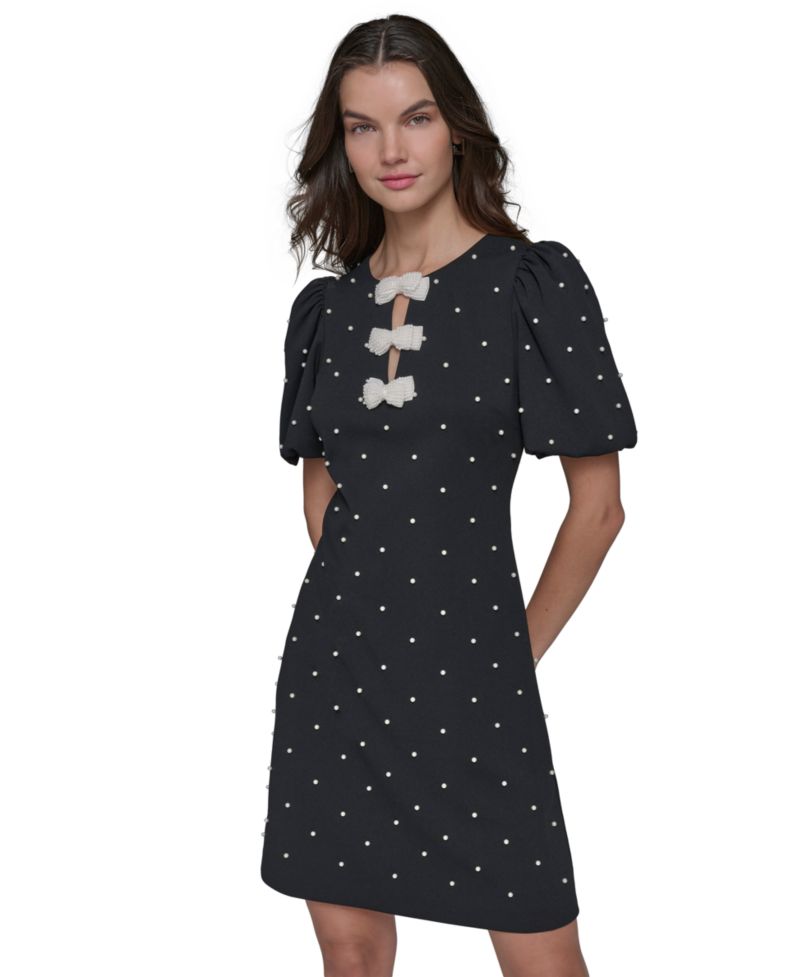 Women's Scuba Crepe Sheath with Neckline Pearl Bow Details Dress