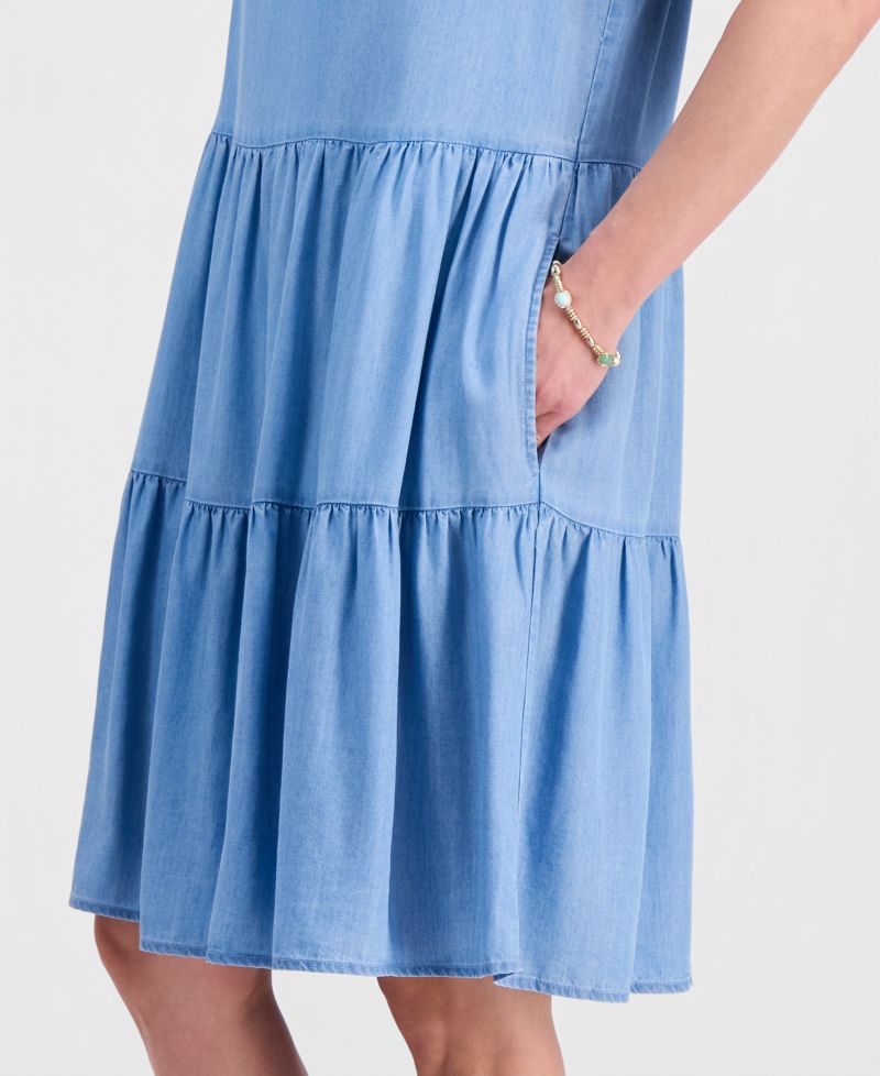 Petite Round-Neck Tiered Short-Sleeve Dress