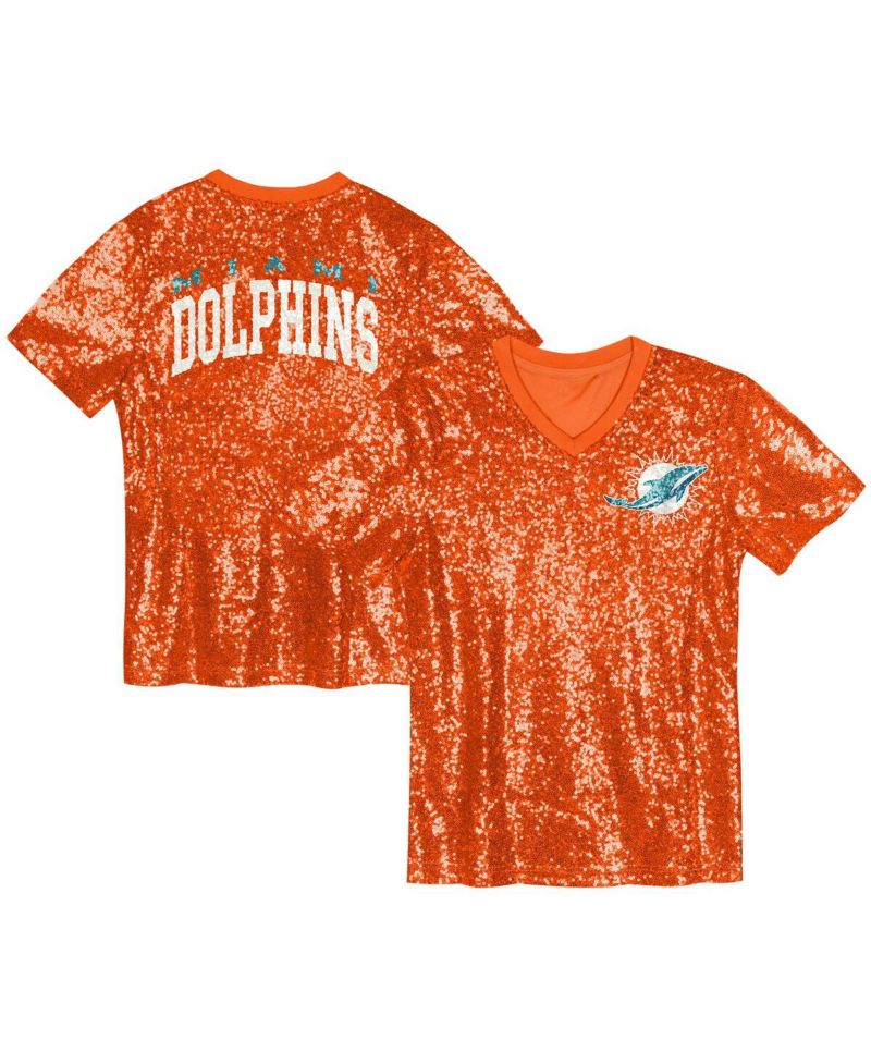 Big Girls Orange Miami Dolphins Wordmark Sequin V-Neck Top