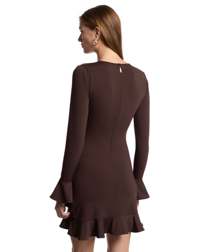 Women's Ruched Ruffled-Hem Long-Sleeve Dress