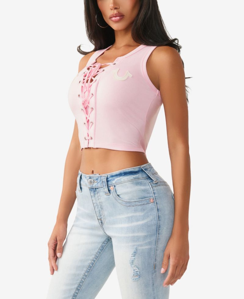 Women's Applique Lace Up Rib Tank Top