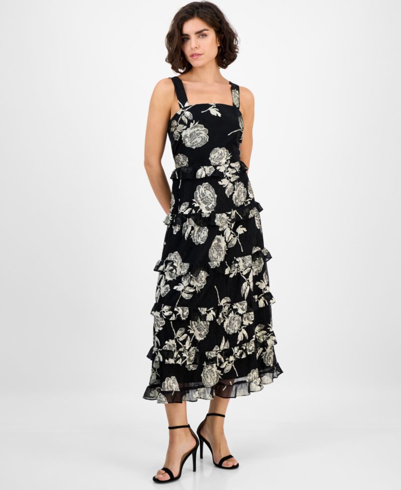 Women's Square-Neck Tiered Foil Midi Dress