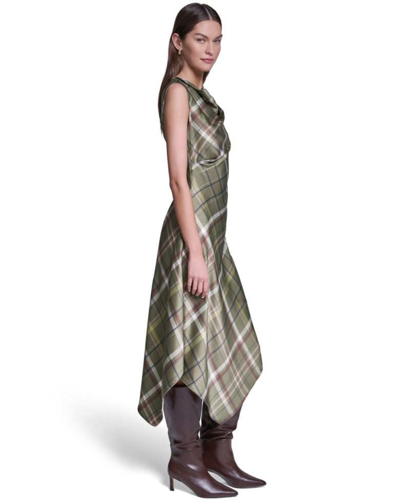 Women's Cowl Neck Plaid Asymmetrical Midi Dress