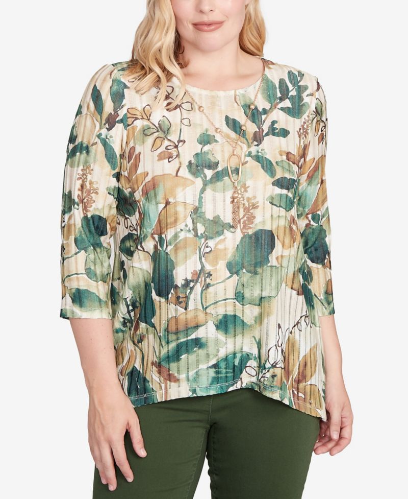 Women's Mount Laurel Abstract Leaf Sharkbite Hem Top with Necklace