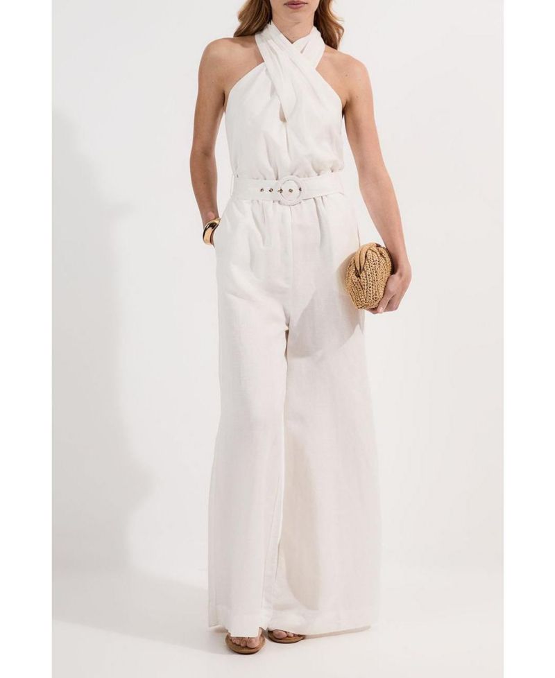 Women's Linen Blend Wide Leg Belted Jumpsuit