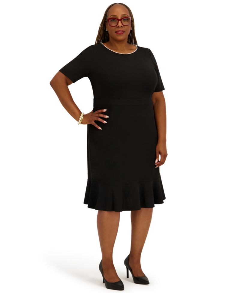 Women's Round Neck Knee Length Ruffle Skirt Dress, Regular and Plus Size