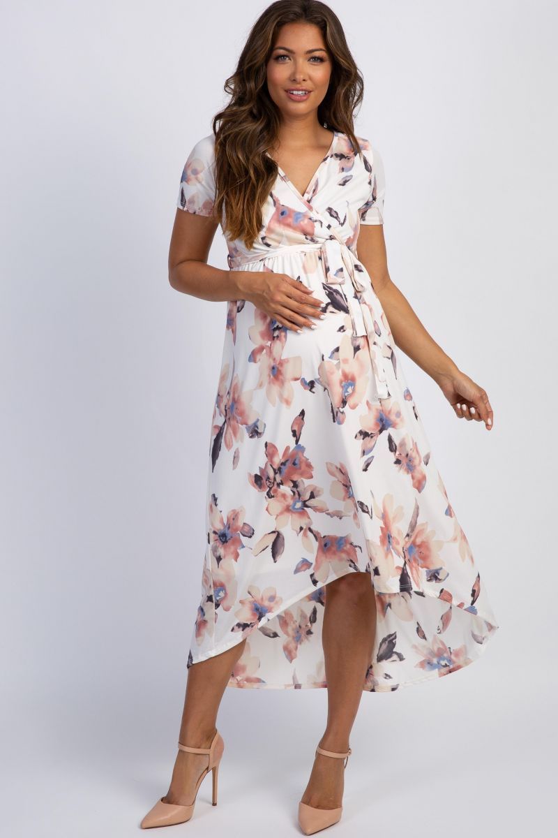 Women's Ivory Watercolor Floral Hi-Low Wrap Dress