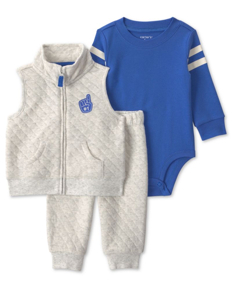 Baby Boys' Full-Zip Varsity Quilted Vest, Bodysuit and Pants, 3-Piece Set