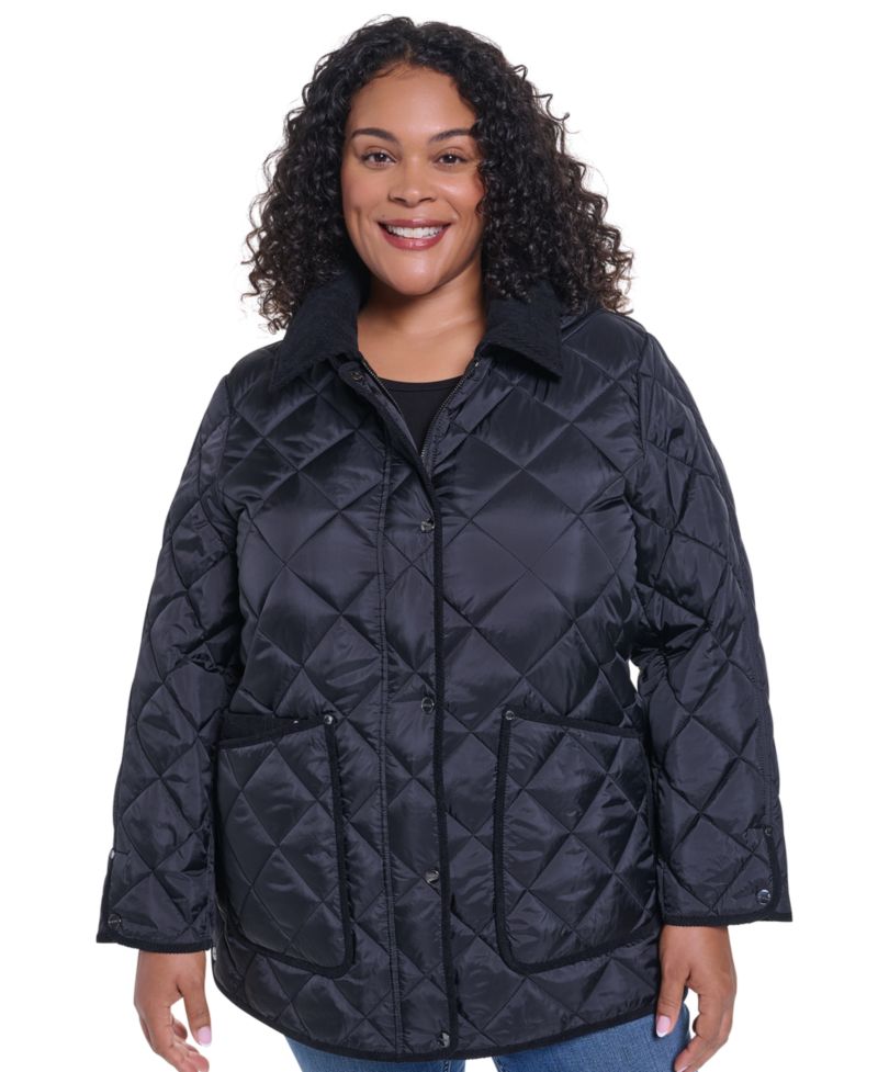 Plus Size Quilted Hooded Corduroy Collar Coat