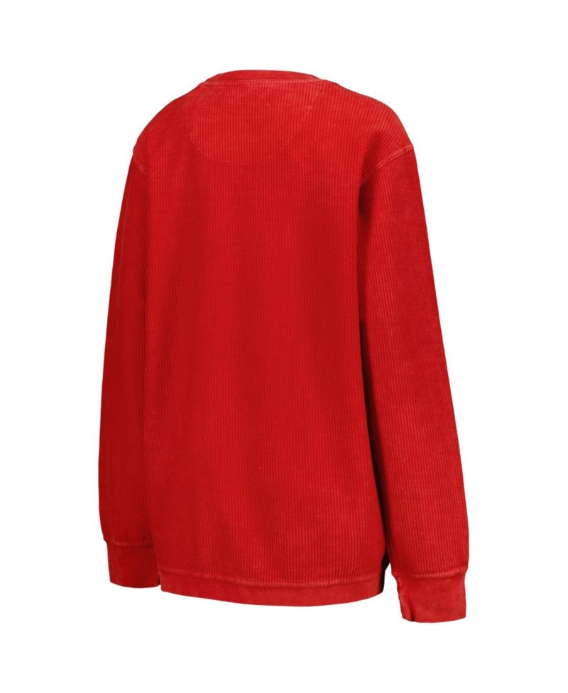 Women's Scarlet Distressed Ohio State Buckeyes Comfy Corded Vintage-Like Wash Basic Arch Pullover Sweatshirt