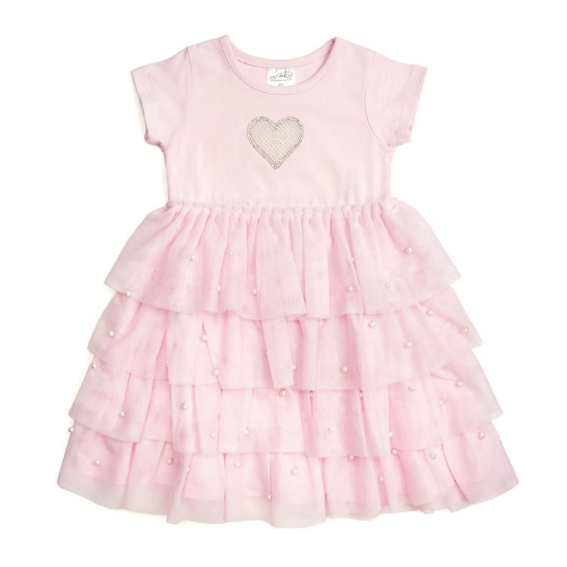 Baby Girls Pearl Heart Tiered Short Sleeve Tutu Dress