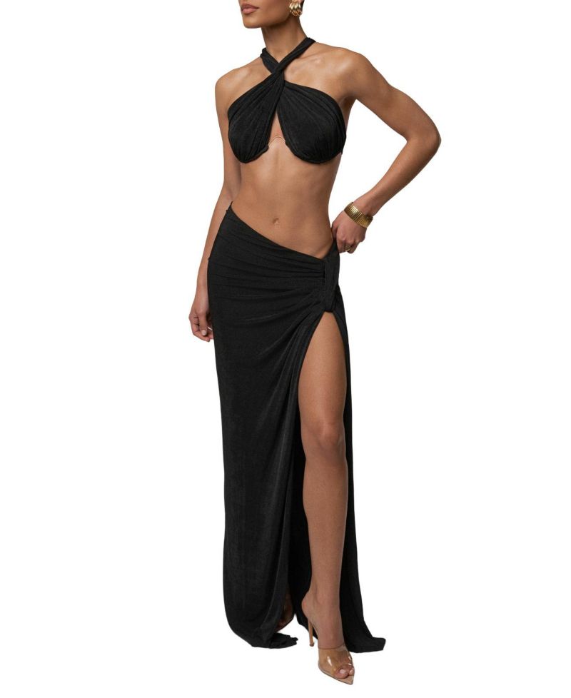 Women's City After Dark Open-Back Thigh-High Slit Halter Top and Maxi Skirt, 2-Piece Set