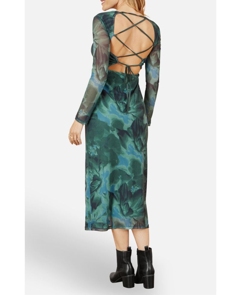 Women's Floral Mesh With Tie Back Bodycon Dress