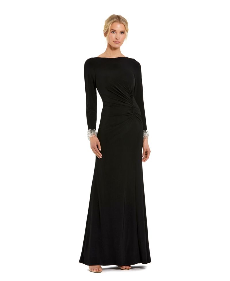 Women'sLong Sleeve Jersey Gown With Beaded Cuff Sleeves