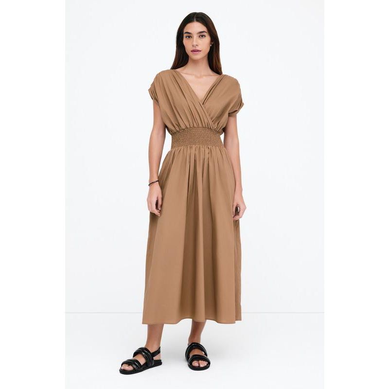 Women's Signe V-Neck Smocked-Waist Off-Shoulder Cotton Dress with Pockets