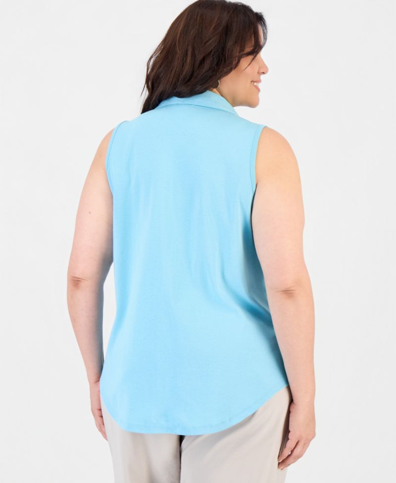 Plus Size Cotton Johnny-Collar Sleeveless Top