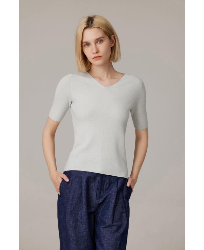 Women's Merino Wool Lurex Sweater | Shimmer Fine gauge V-Neck Short Sleeve Top | Machine Washable Pullover