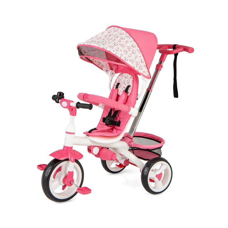 Girls 4-in-1 Tricycle Stroller with Detachable Design and Round Sun Canopy