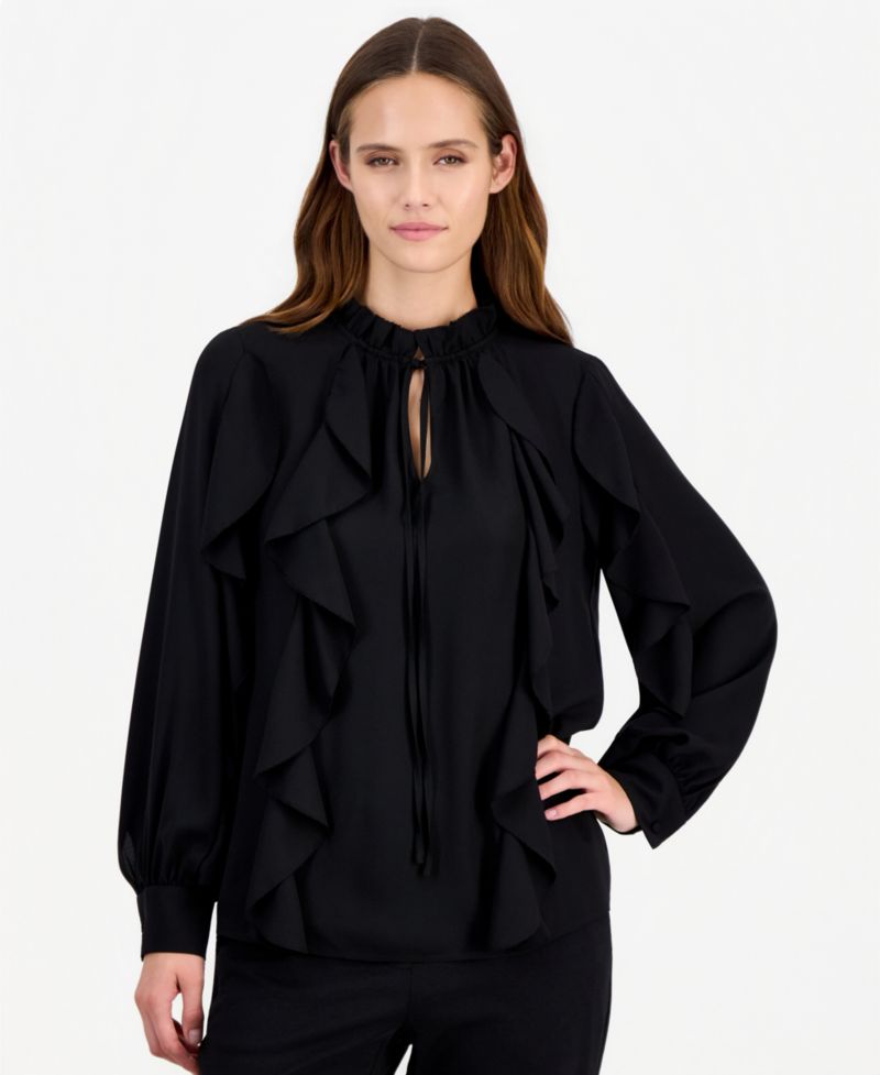 Petite Long-Sleeve Keyhole-Neck Ruffle Blouse