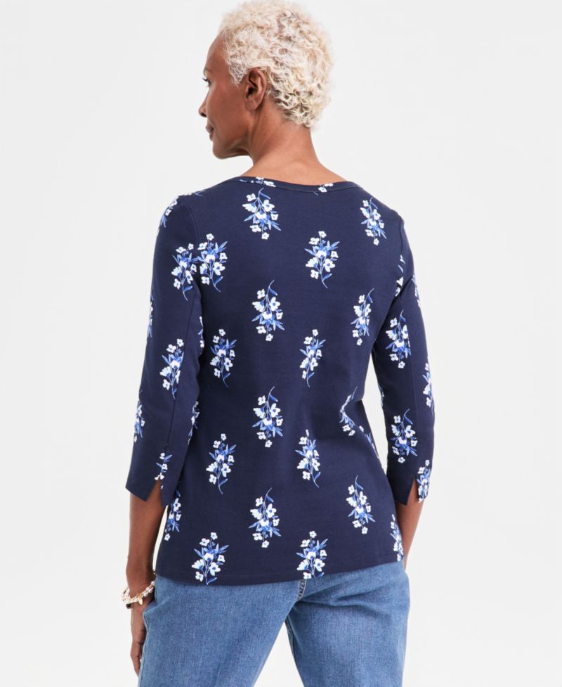 Women's Printed Pima Cotton 3/4-Sleeve Boat-Neck Top
