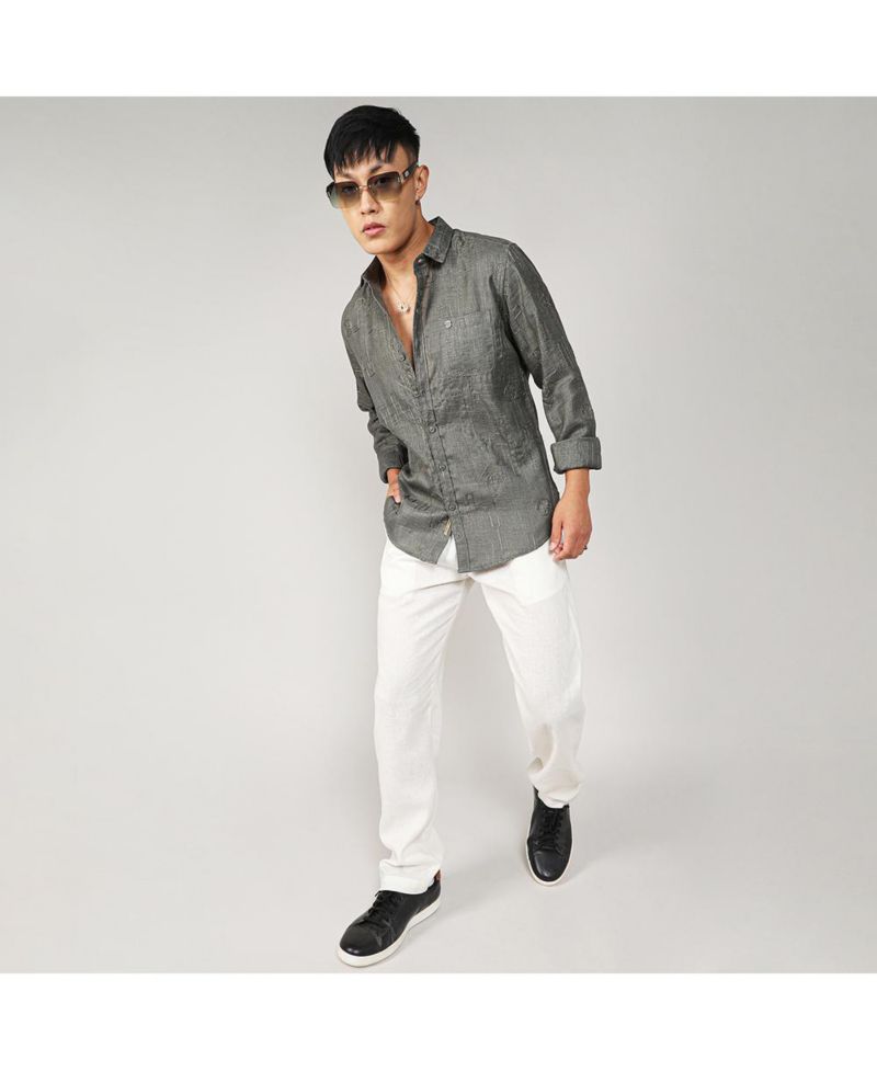 Men's Olive Green Embroidered One-Lined Shirt