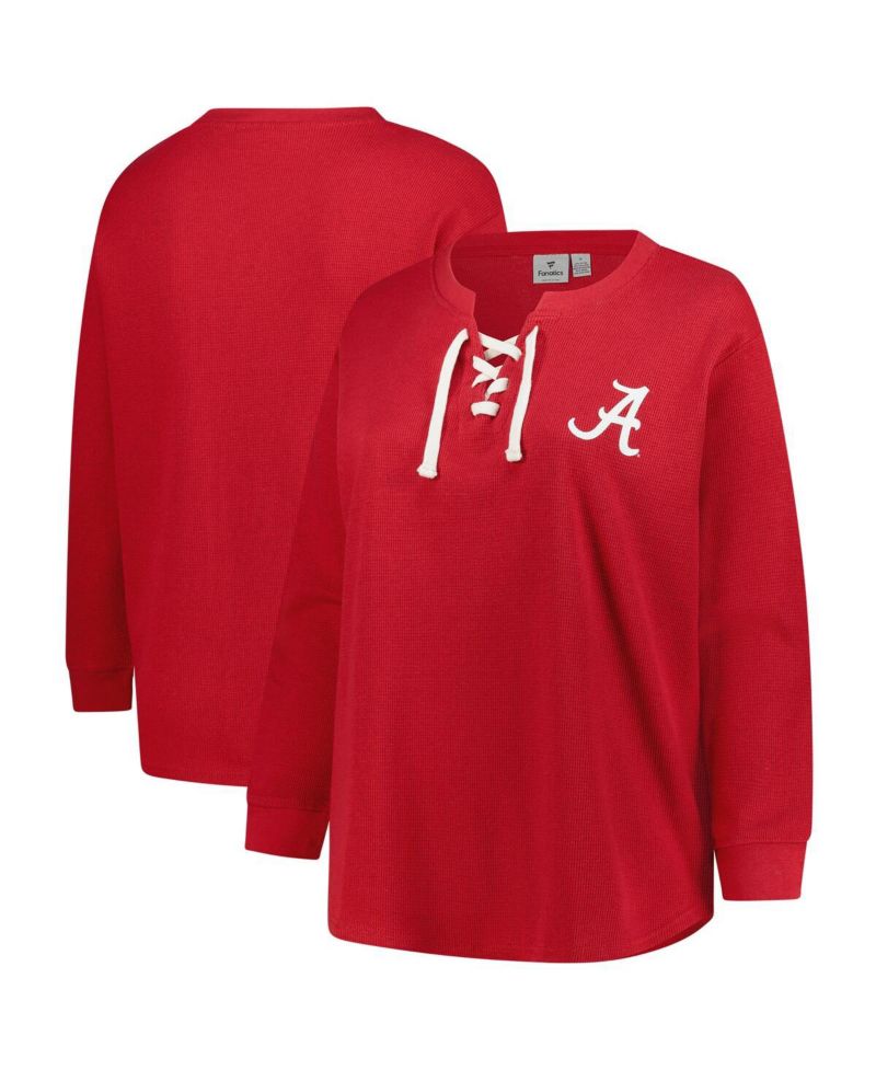 Women's Crimson Alabama Crimson Tide Lace-Up Waffle Knit Plus Size Long Sleeve T-Shirt