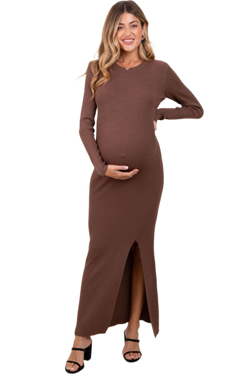 Women's Mocha Ribbed Knit Long Sleeve Side Slit Maxi Dress