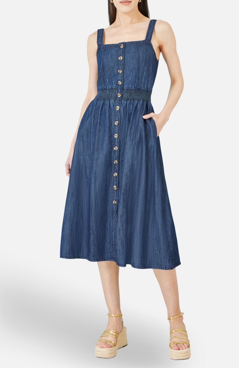 Women's Chambray Cotton Ruched Midi Sun Dress