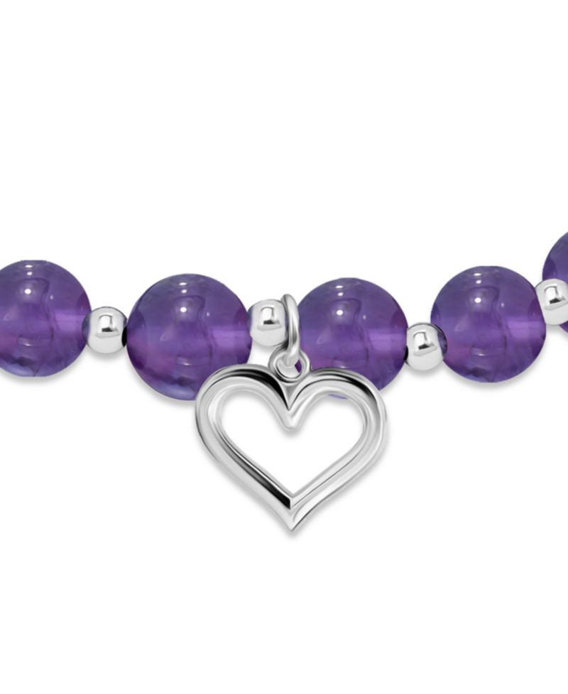 Silver-Plated Beaded Heart Charm Stretch Bracelet