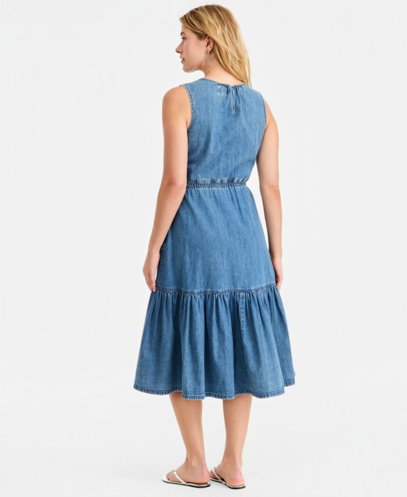 Women's Denim Tiered Cutout Midi Dress